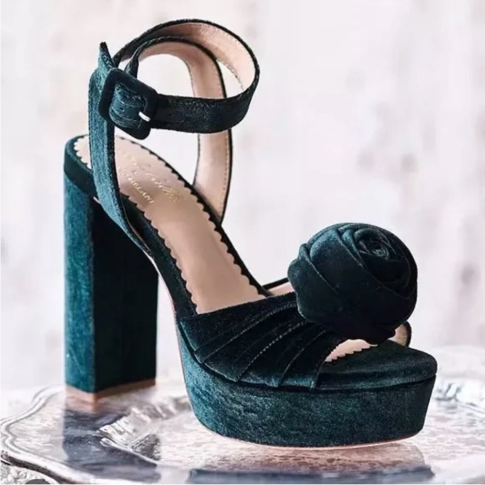 Elegant Velvet Rosette Muted Teal Platform Heels